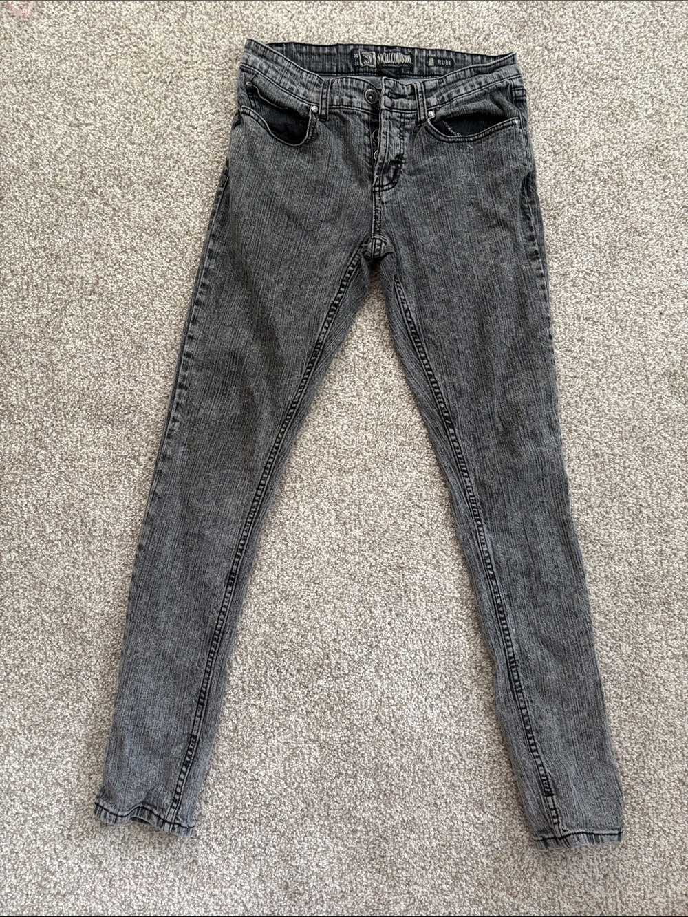 Y2K Social Collision RUDE fit Black Acid-Wash Skinny Jeans for Men 30W/32L